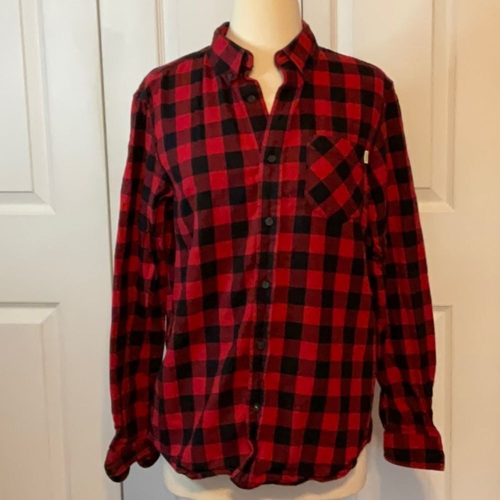 Men’s Timberland Red Black Buffalo‎ plaid Button Down Shirt Cotton Small